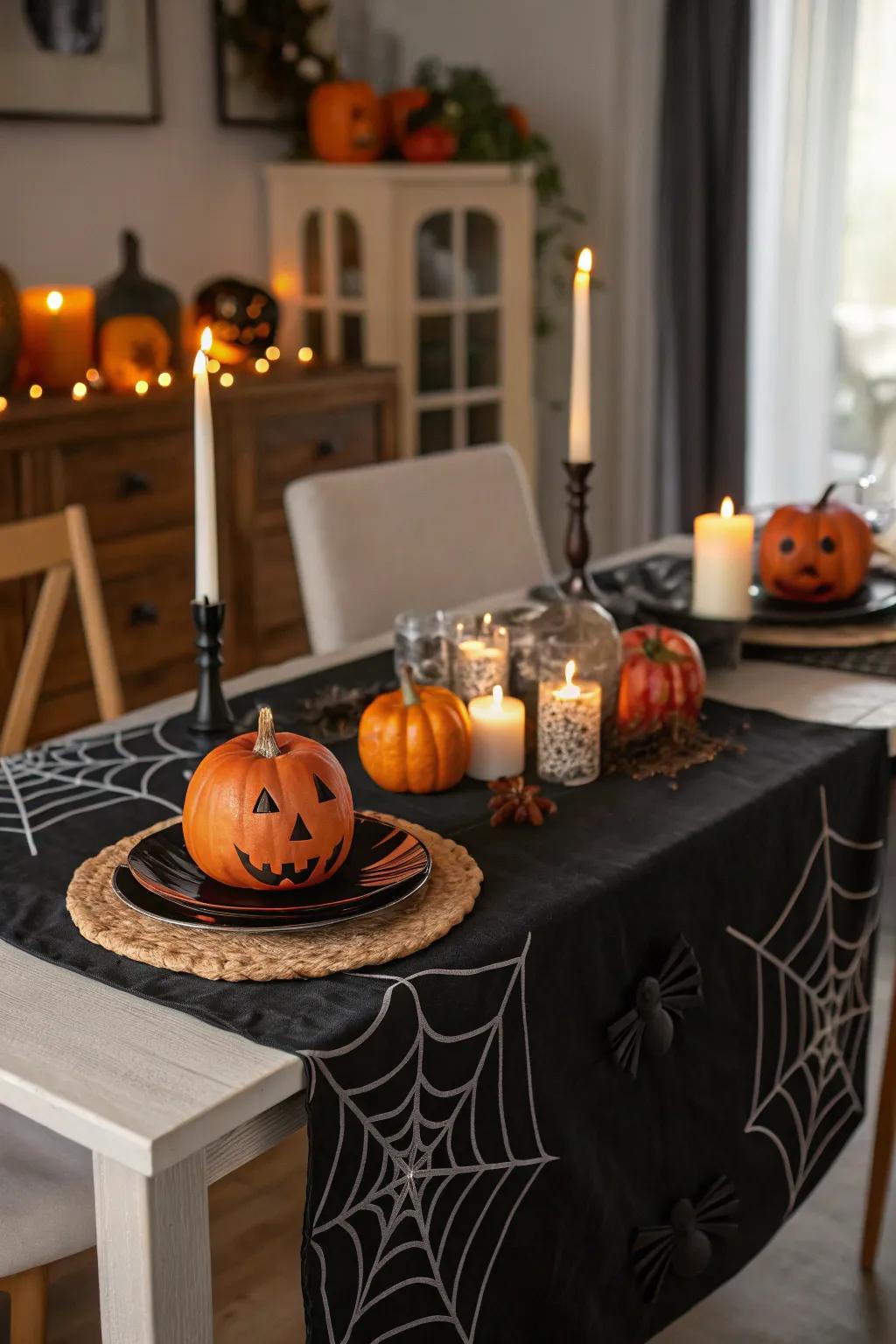 A film table runner introduces a spooky accent to dinner soirees.
