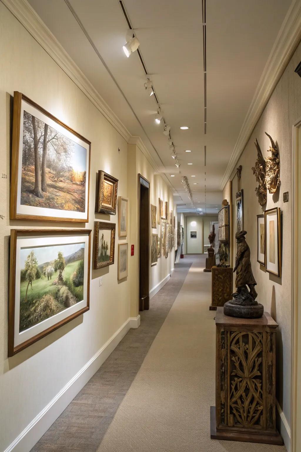 Themed collections add storytelling and richness to hallways.
