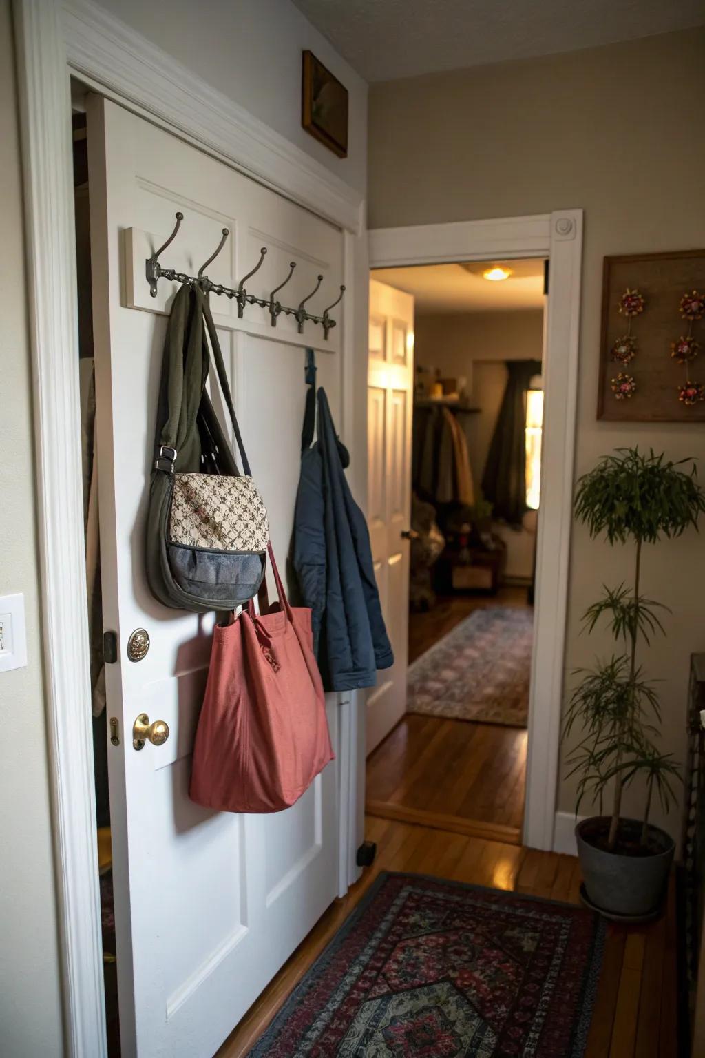 Hooks on a hallway closet door, maximizing vertical space efficiently.