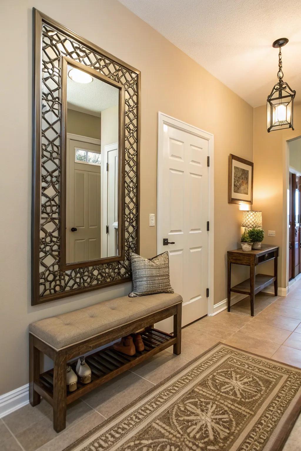 The combination of a mirror and a bench provides both style and functionality.