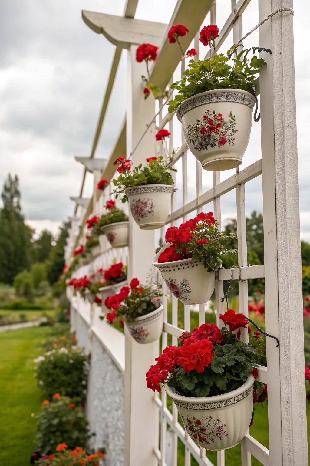 Teacups infuse a whimsical nuance to geraniums.
