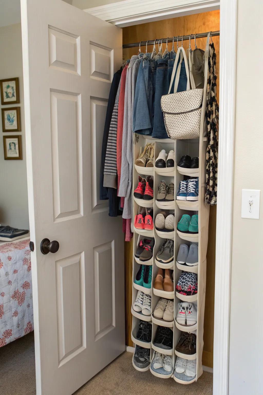 Maintain footwear arranged and accessible via a door-suspension organizer.