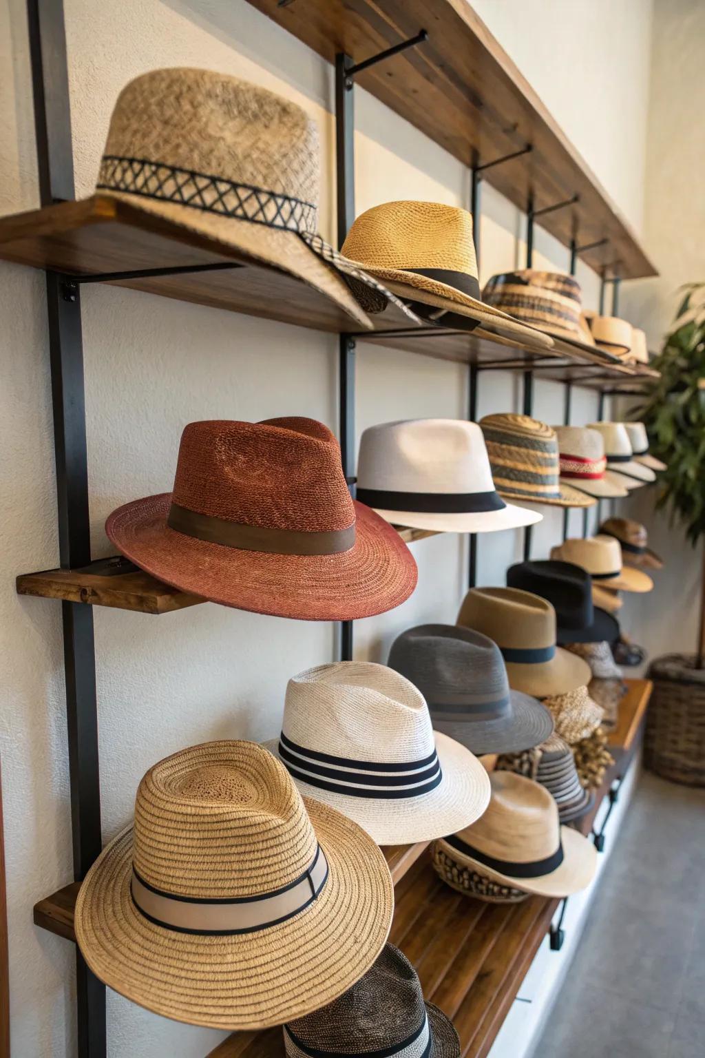 Elevated ledges offer a refined and contemporary means to display hats.