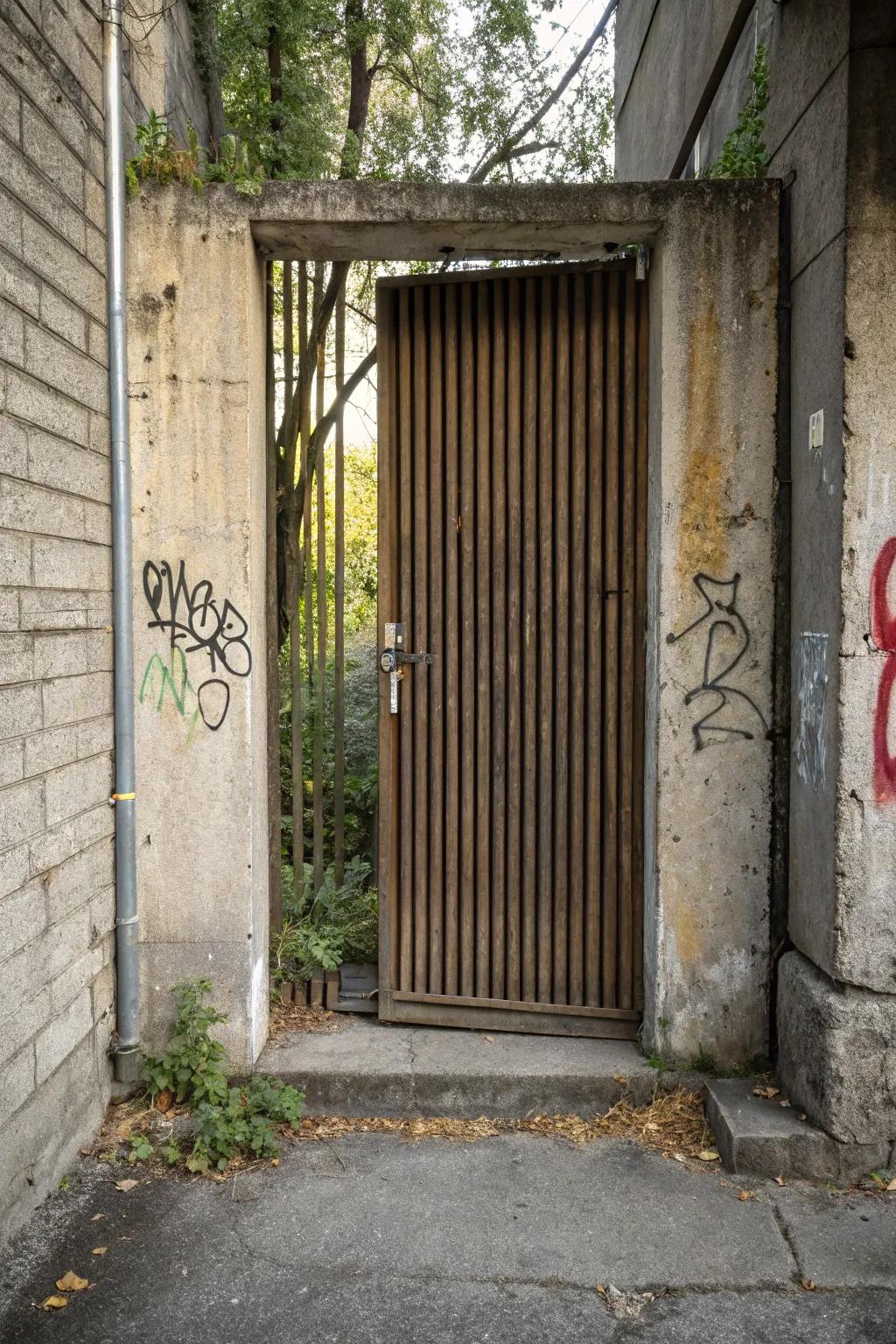 Upright slats disguise a concealed entry in flair.