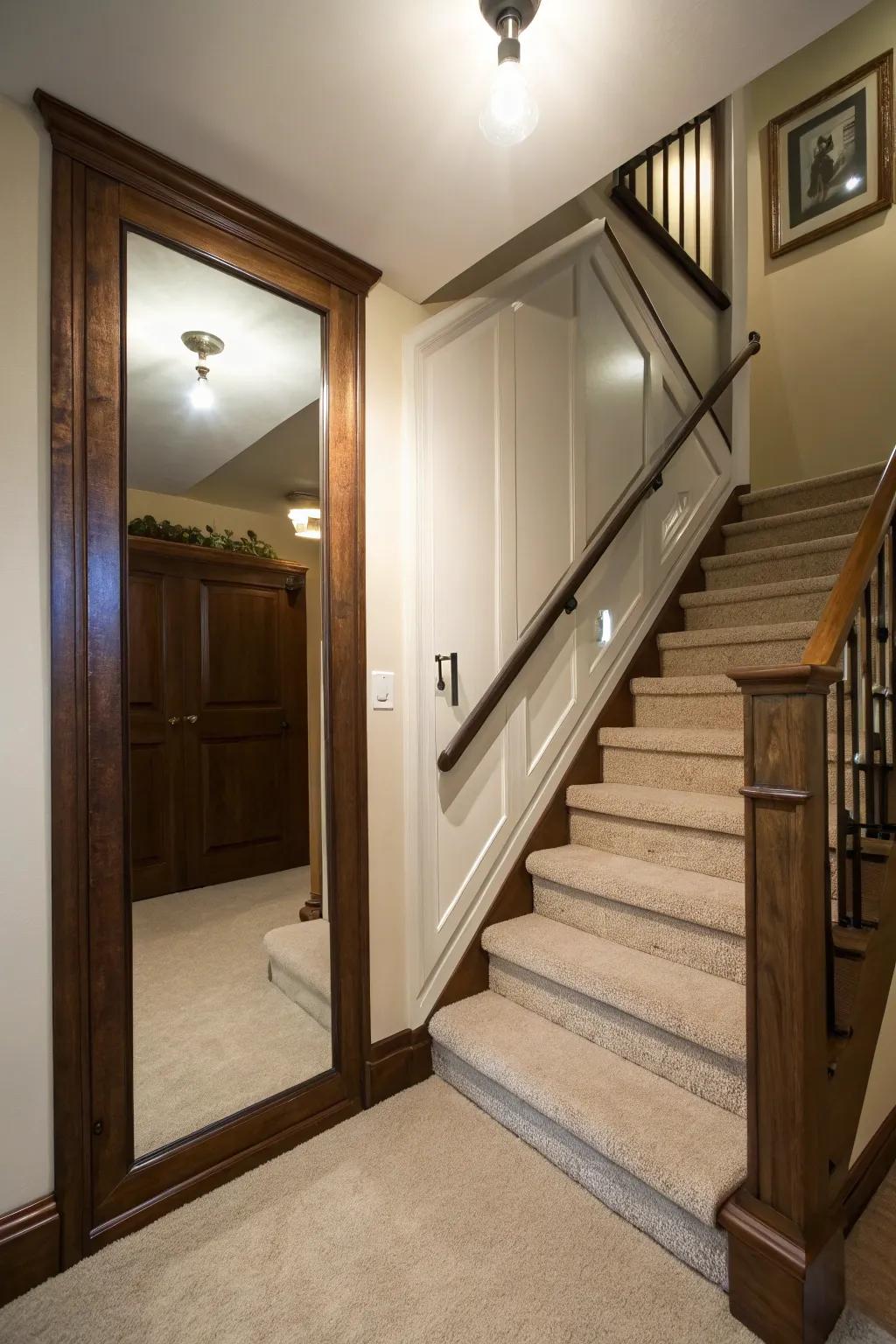 A hidden mirror door next to a staircase offers an element of surprise.