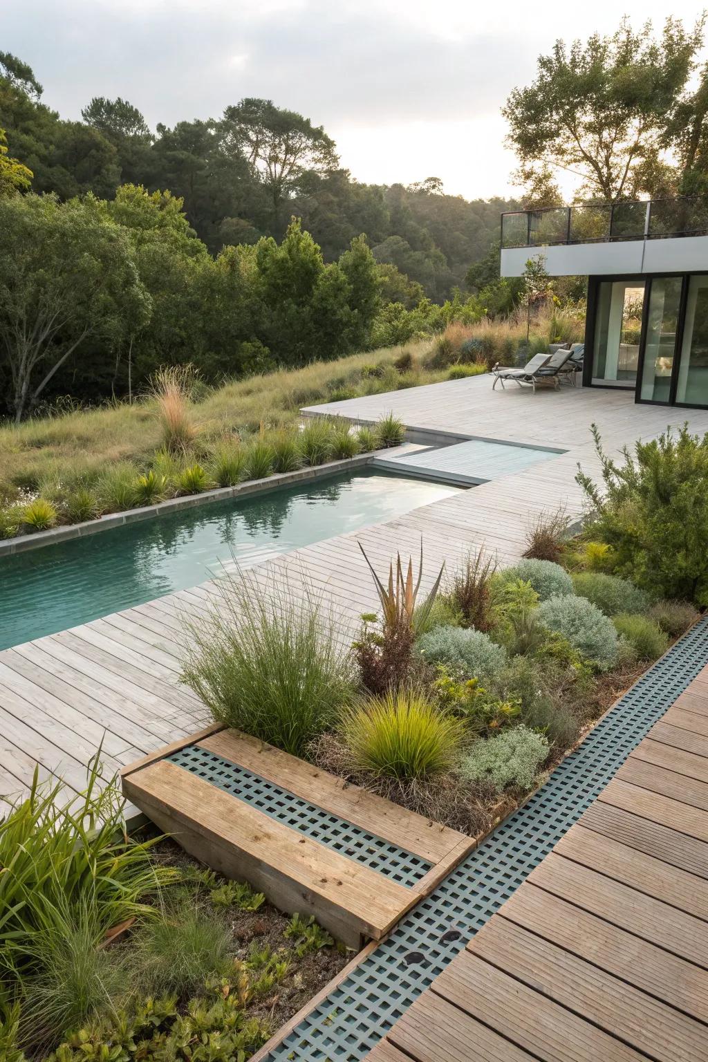 Eco-conscious drainage solutions blend with sustainable landscaping.