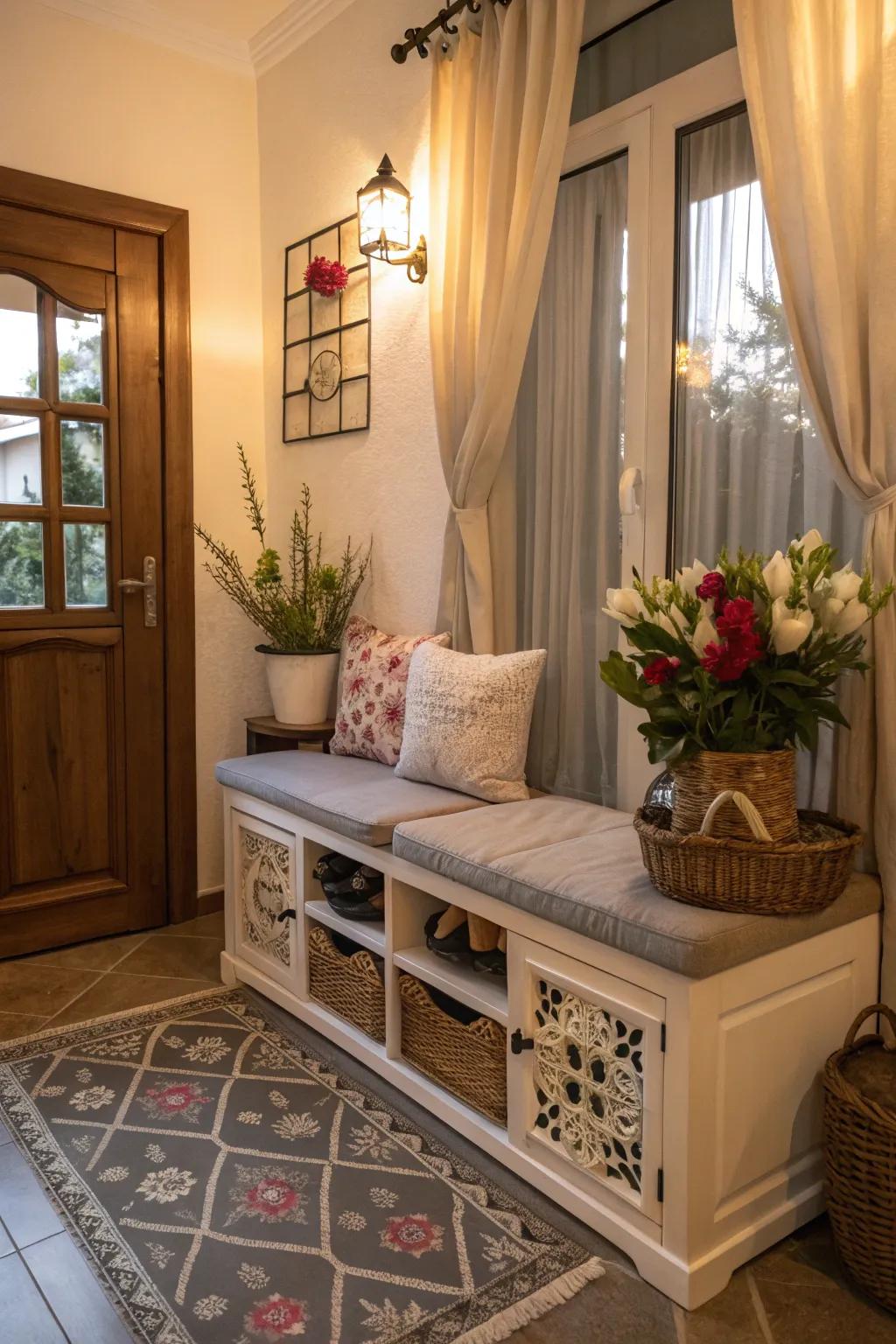 Shoe storage benches offer dual benefits for entryways.