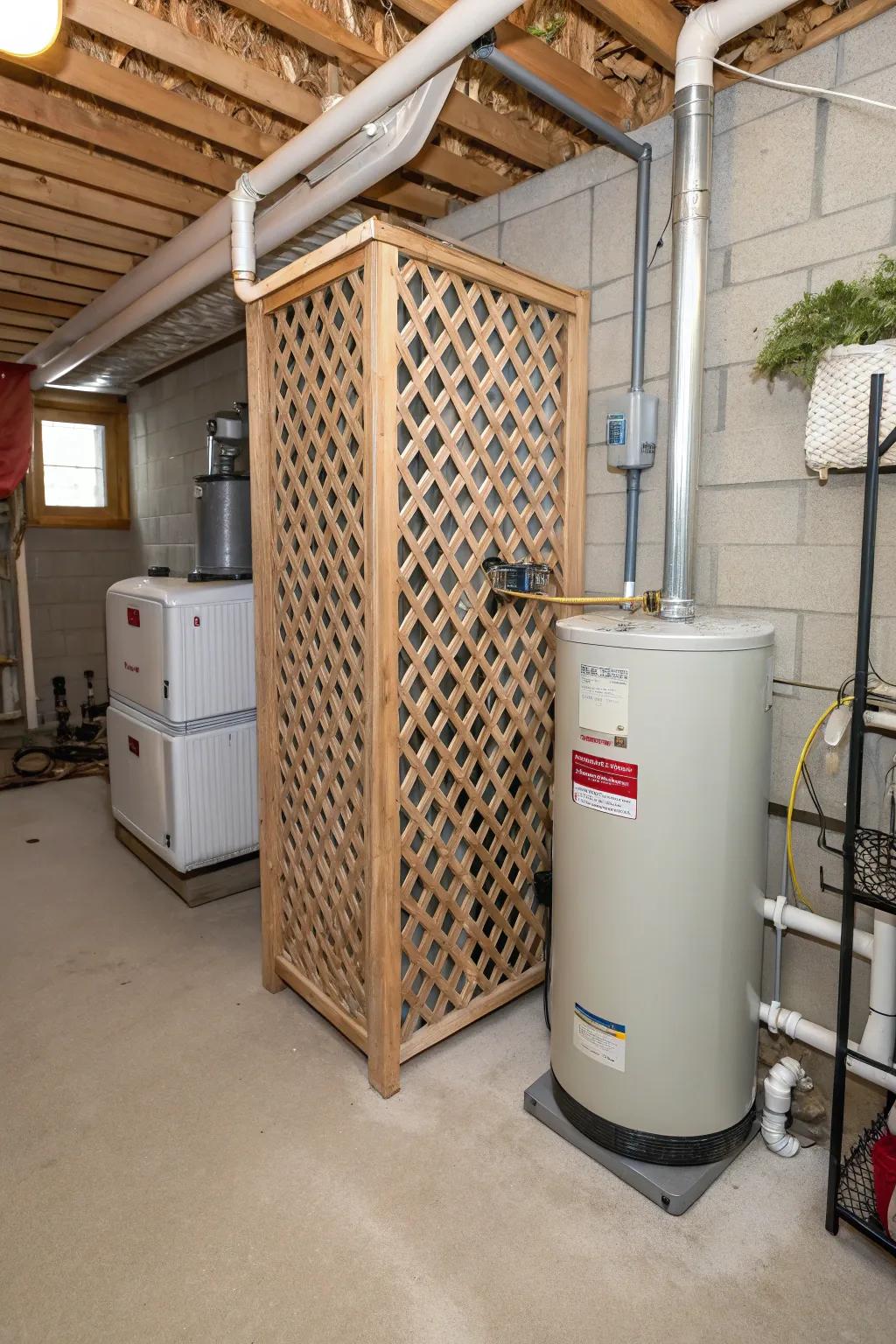 A lattice screen offering a breezy barrier for utility components.
