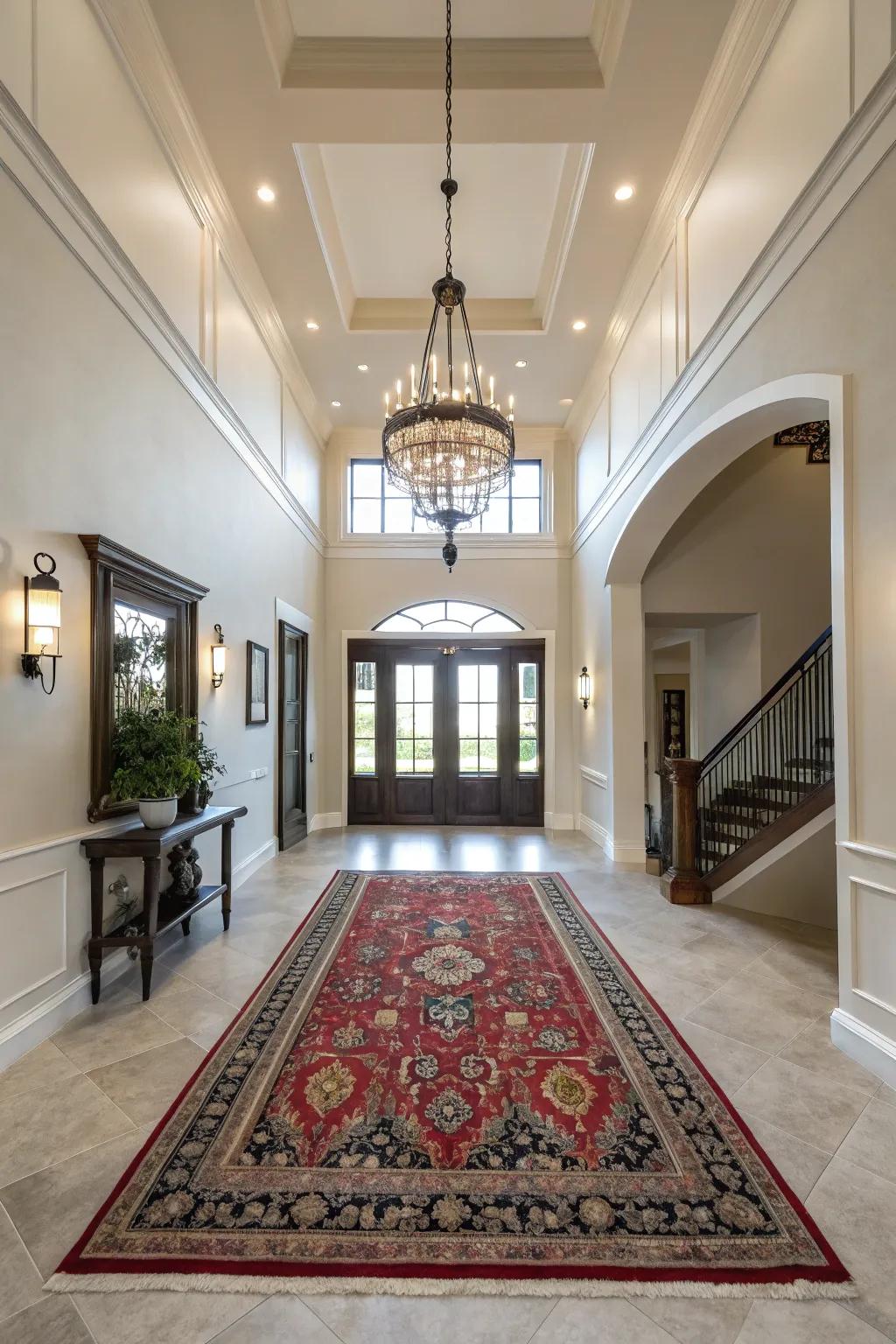 A prominent floor covering anchors the space and introduces texture.