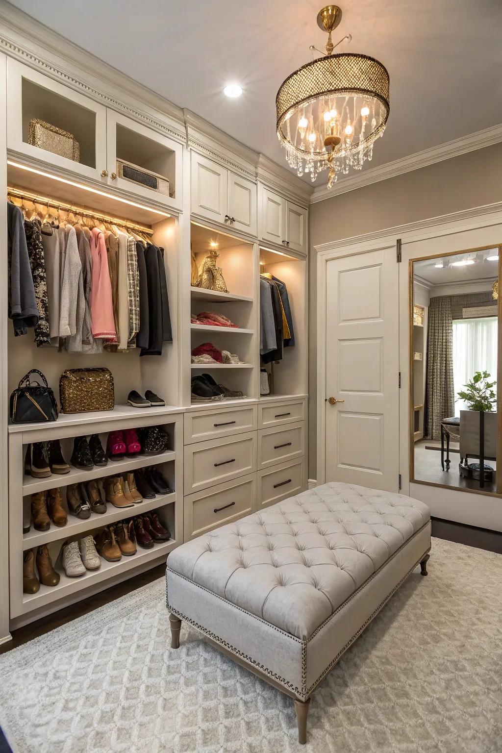 A seating area adds both comfort and flair to your closet experience.