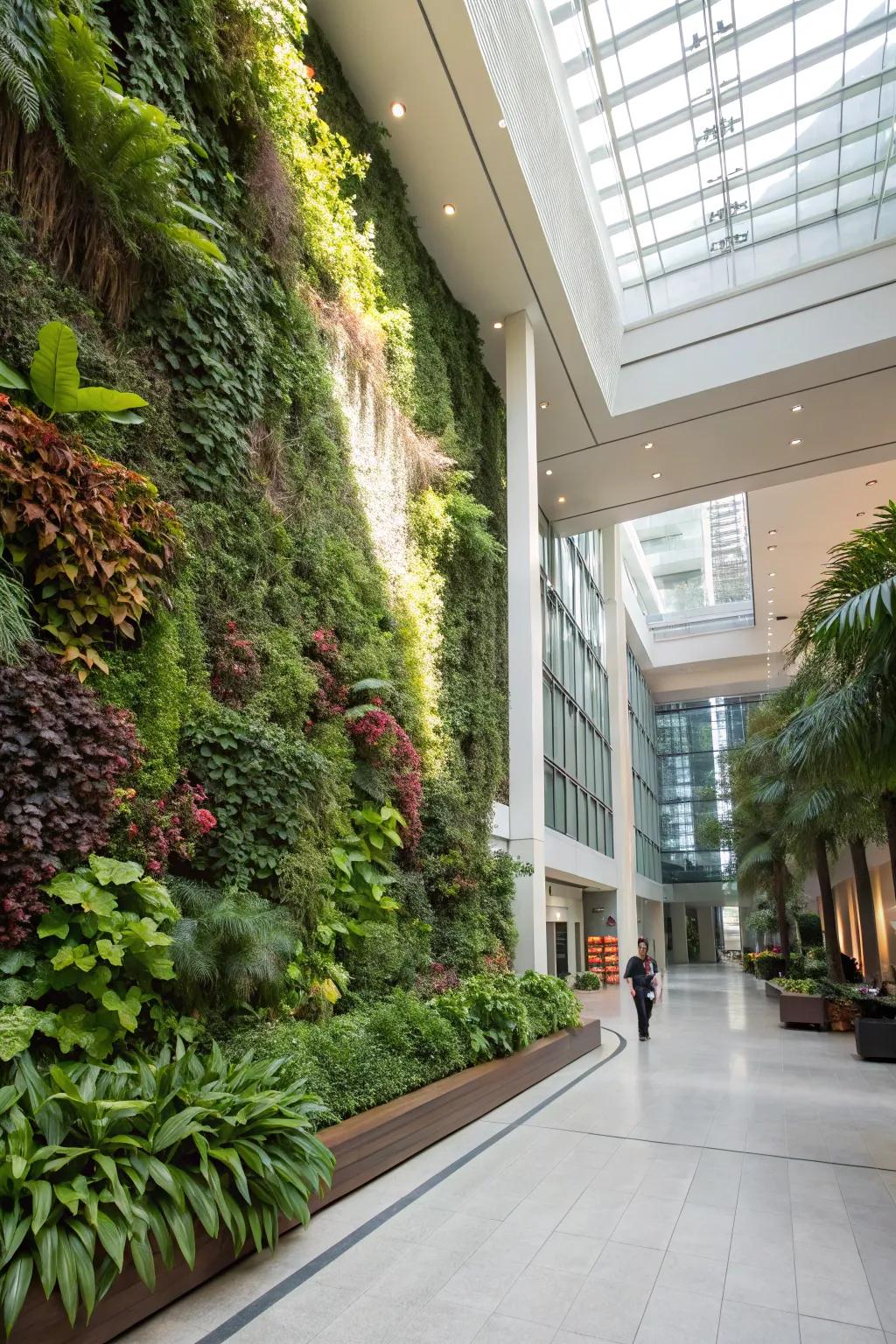 A lively elevated planting wall transporting nature into a home atrium.