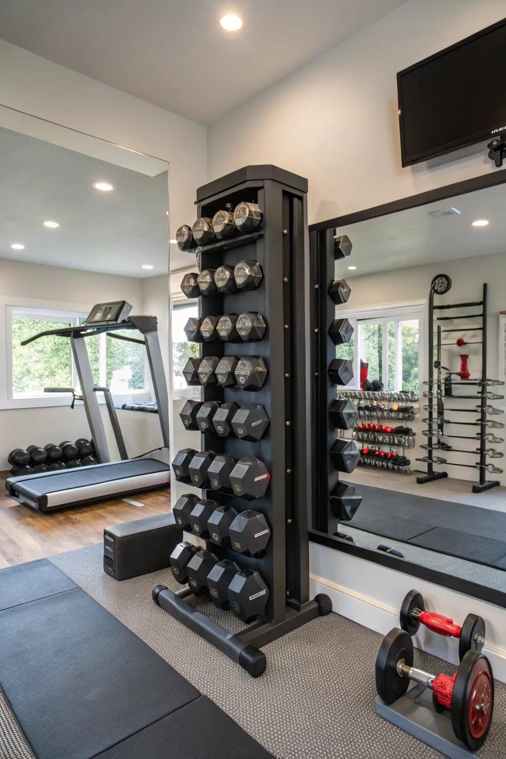 Vertical storage solutions help maintain a tidy and efficient workout space.