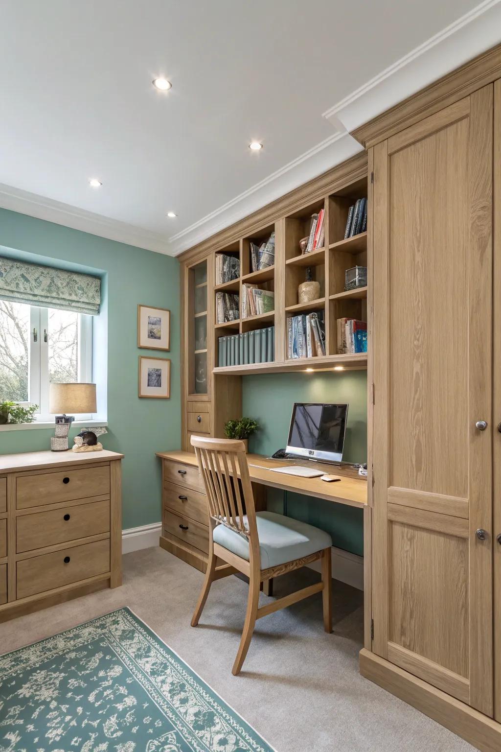 Aqua walls foster a peaceful and invigorating ambiance in this home office.