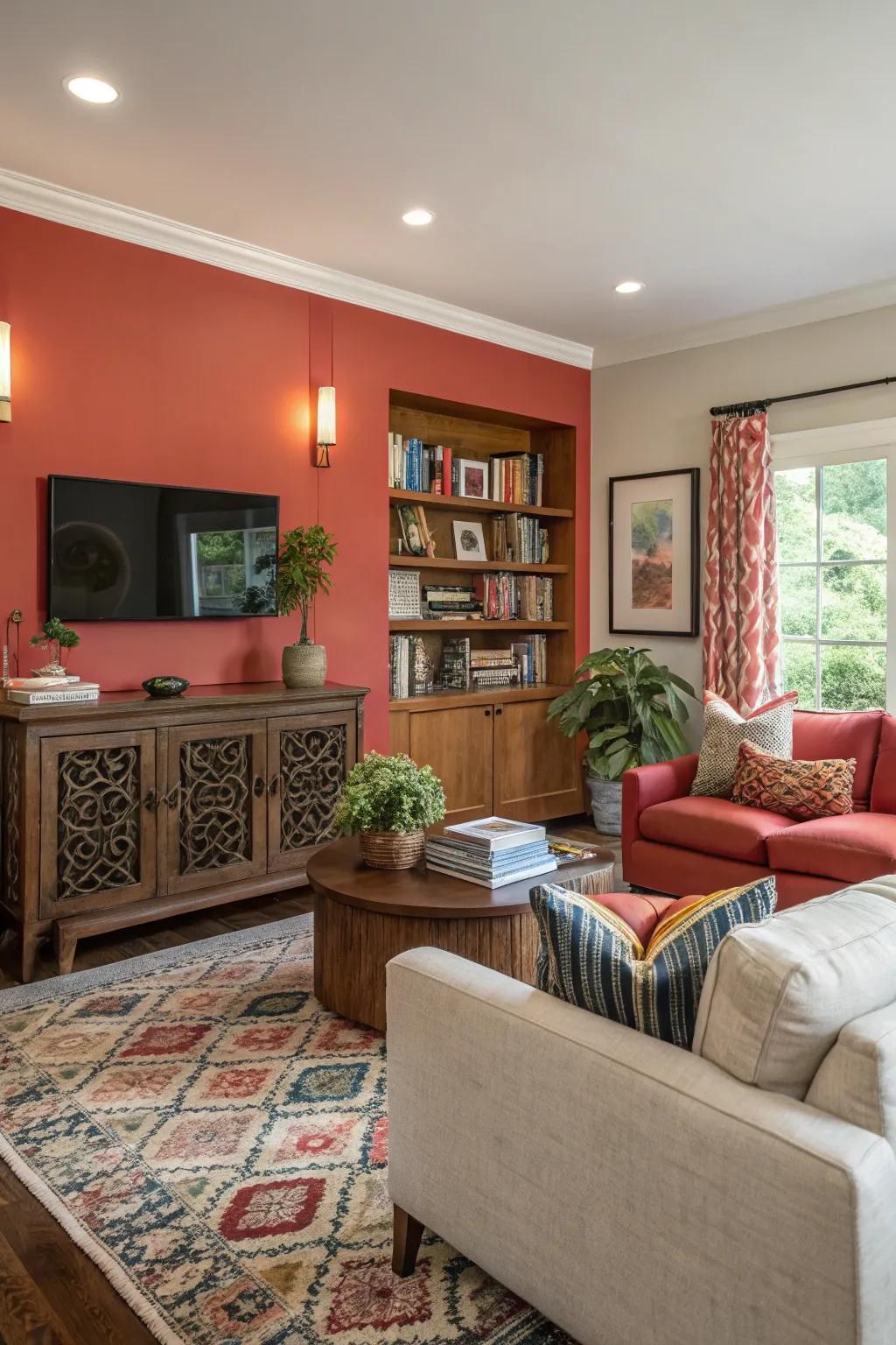 A living room featuring a striking accent wall for visual effect.