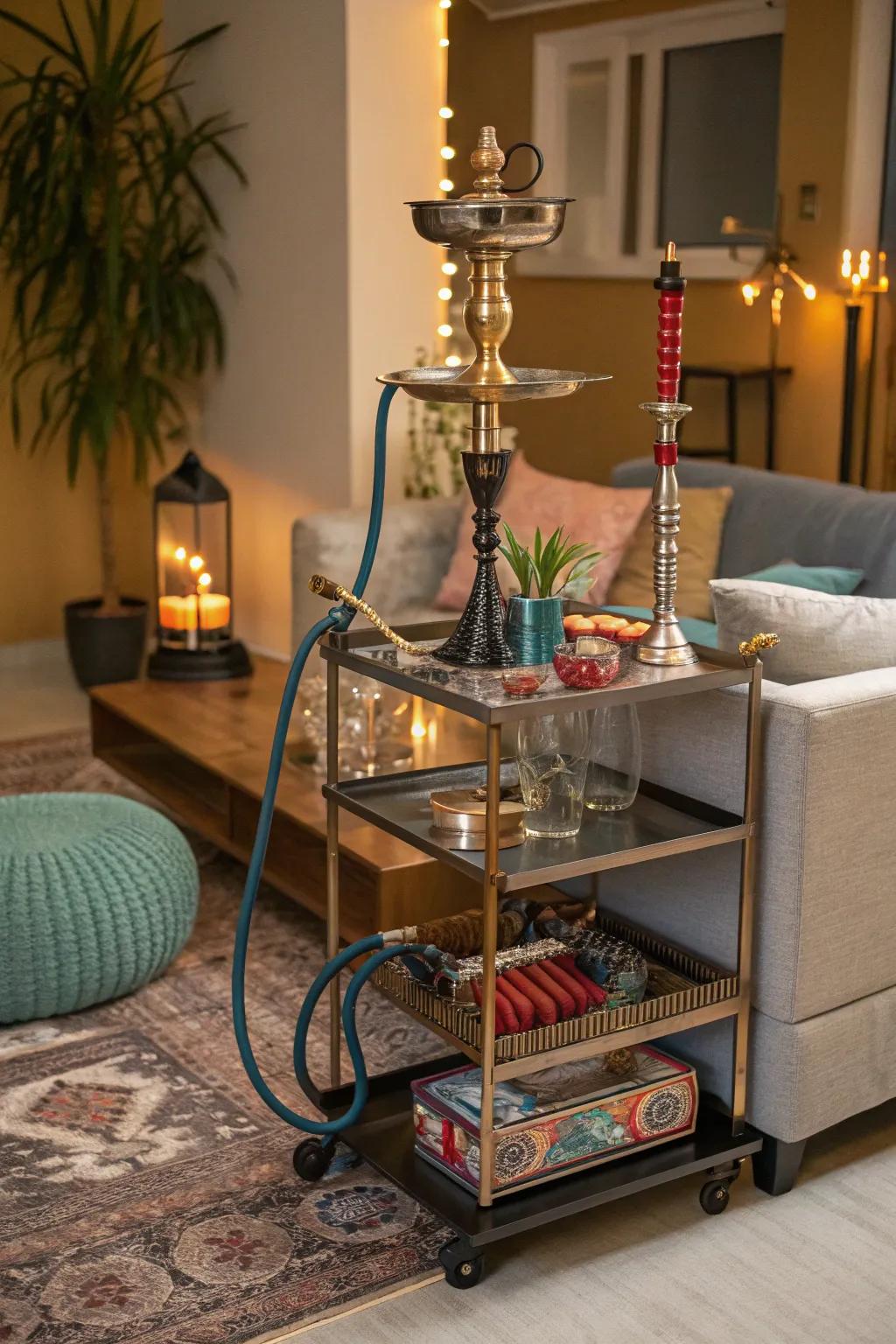 A mobile cart offers flexible shisha storage and easy access.