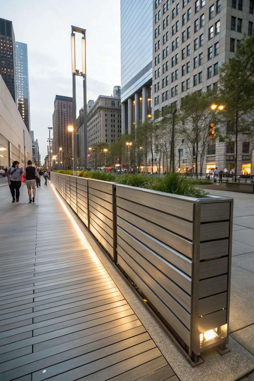 Metal skirting infuses a contemporary edge into the deck’s design.