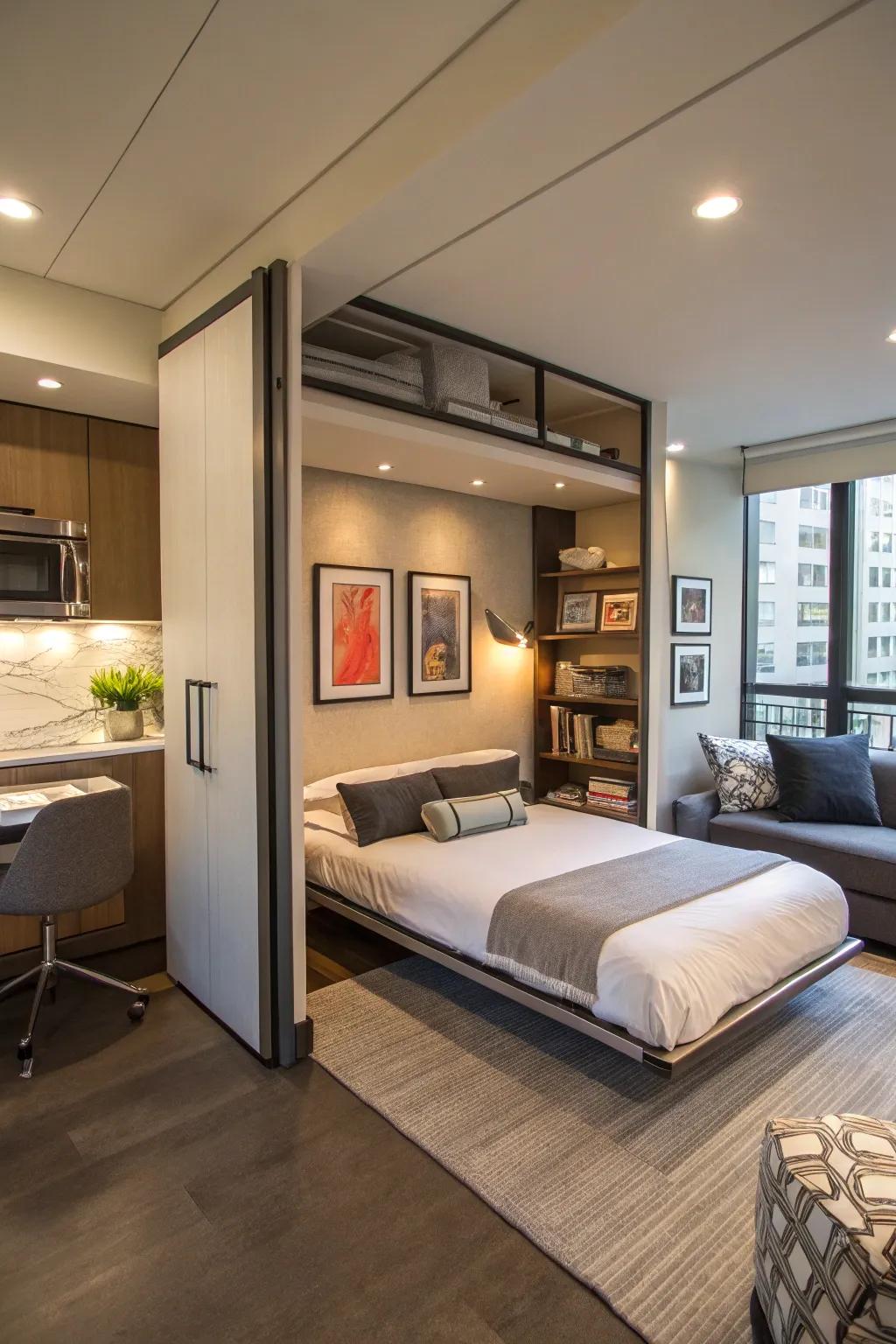 An elegant studio design featuring a hideaway bed building a cozy nook.