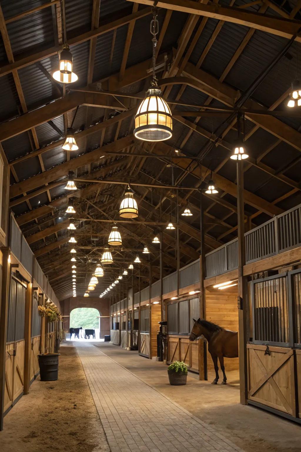 High ceilings with suspended lighting enhance light distribution within the stable.