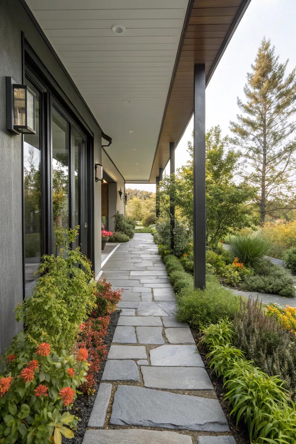 An inviting pathway, lined with greenery, leads to this modern porch.