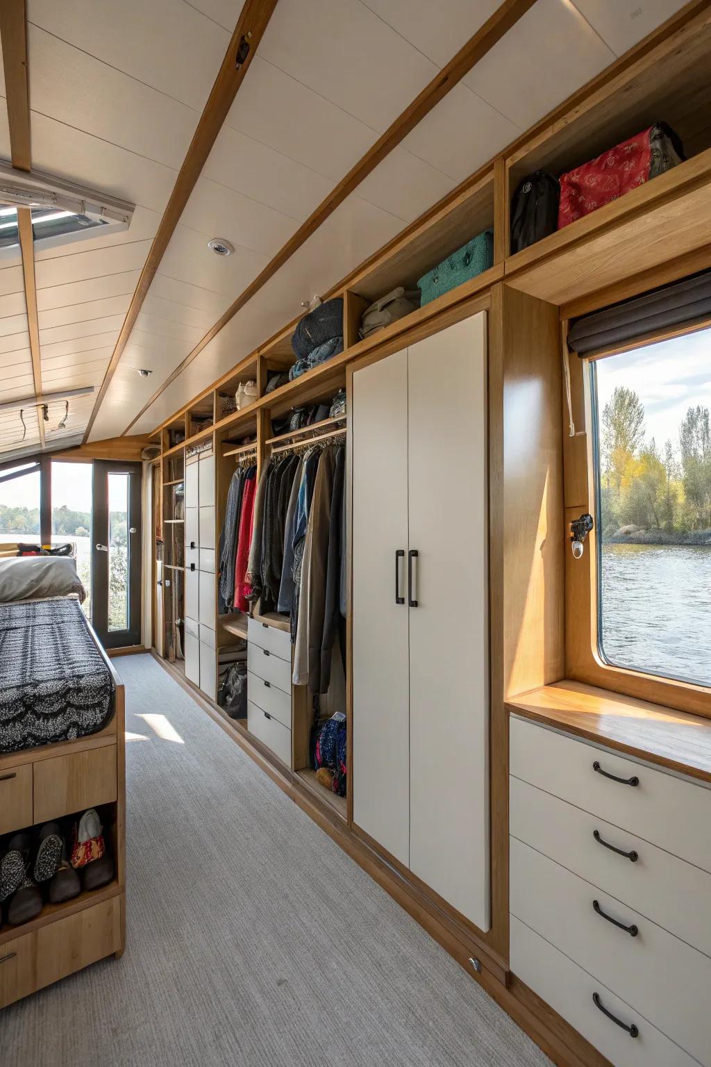 Vertical storage maximizes space in the kitchen of this houseboat.