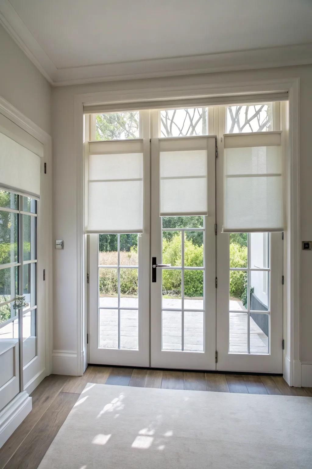 Roller shades deliver a straightforward and contemporary solution for French doors.
