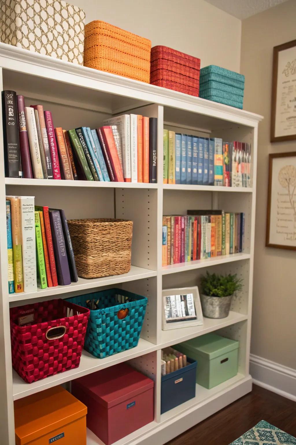 Bookshelf featuring ornamental storing solutions.