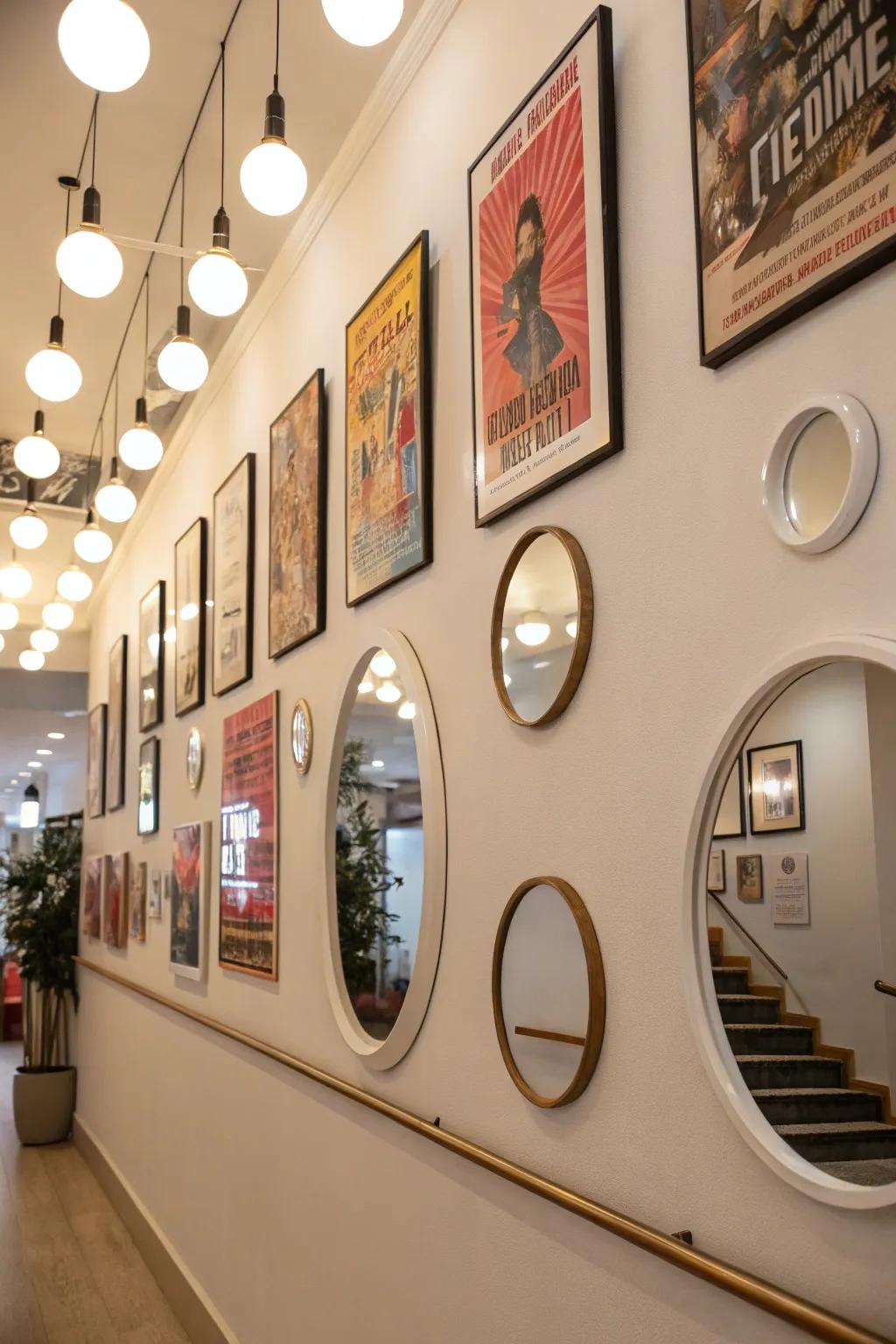 Reflective surfaces interspersed with posters amplify sophistication and space.