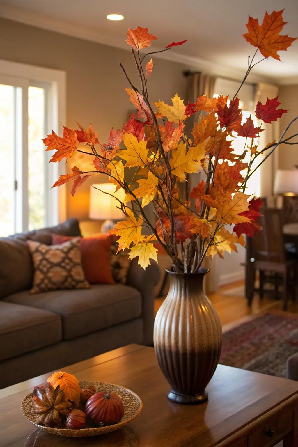 A vase of vibrant seasonal foliage creates a natural display.