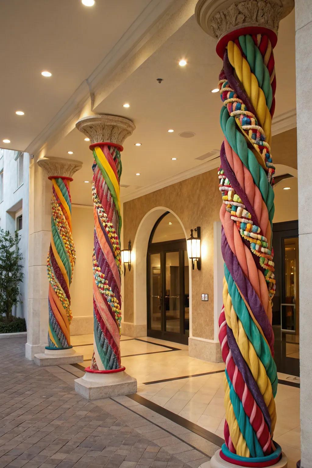 Forge a grand welcome using intertwined ribbon pillars.