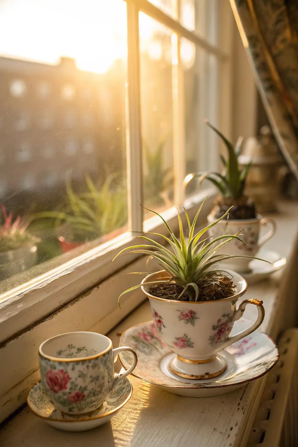 Vintage tea cups showcasing <strong>air plants</strong> to impart a whimsical impression.” loading=”lazy” class=”pimg”>
	</picture><figcaption>Vintage tea cups showcasing <strong>air plants</strong> to impart a whimsical impression.</figcaption></figure>
<p>Give vintage tea cups a second life by employing them to cradle your <strong>air plants</strong>, adding a trace of nostalgia. This whimsical display is ideal for windowsills or end tables.</p>
<h3>A few relevant products:</h3>
<ul class=