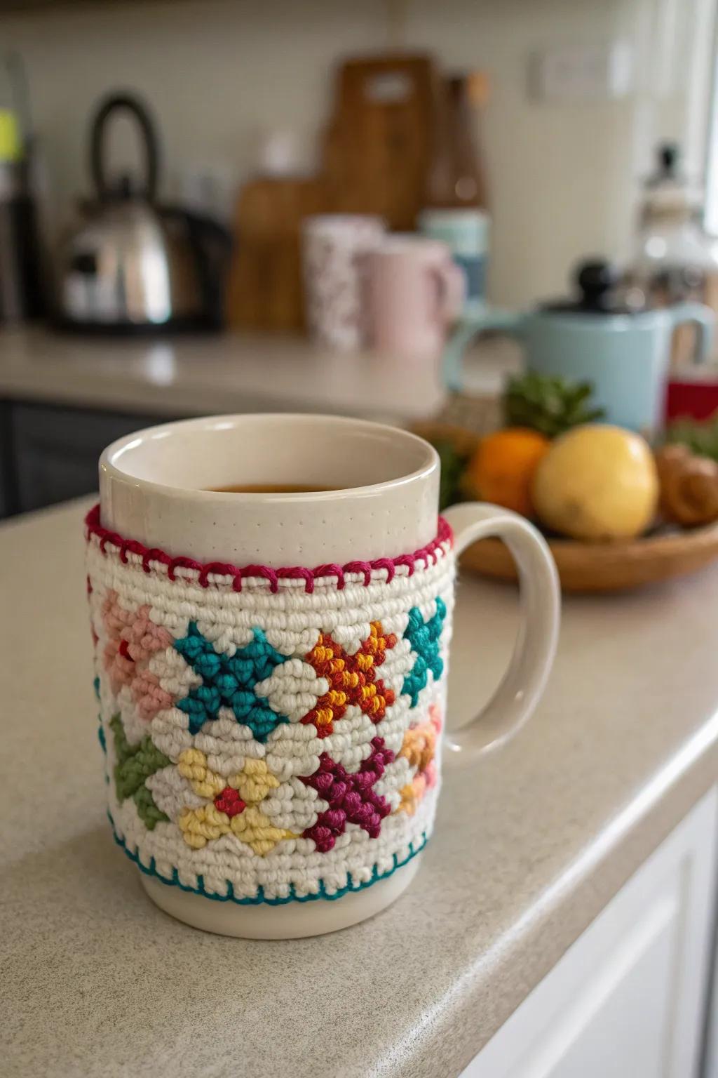Cross stitch thermal sleeves add a cozy touch to your kitchenware