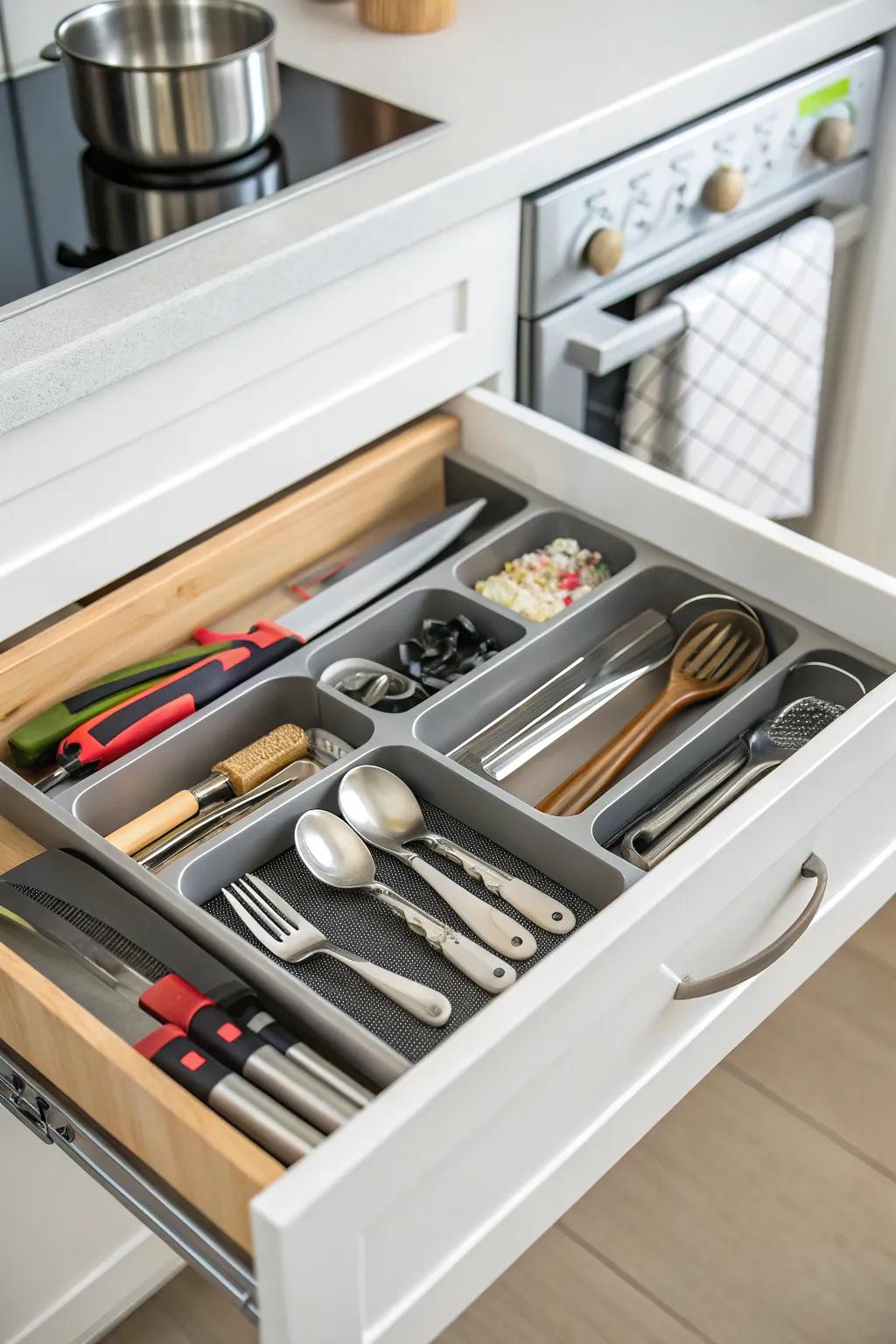 Drawer organizers ensure a well-ordered kitchen.