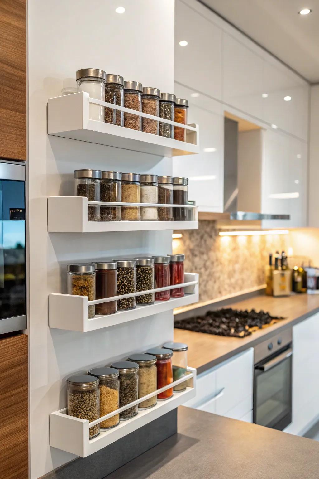 Atypical shelves offer a streamlined, contemporary method of displaying spices.