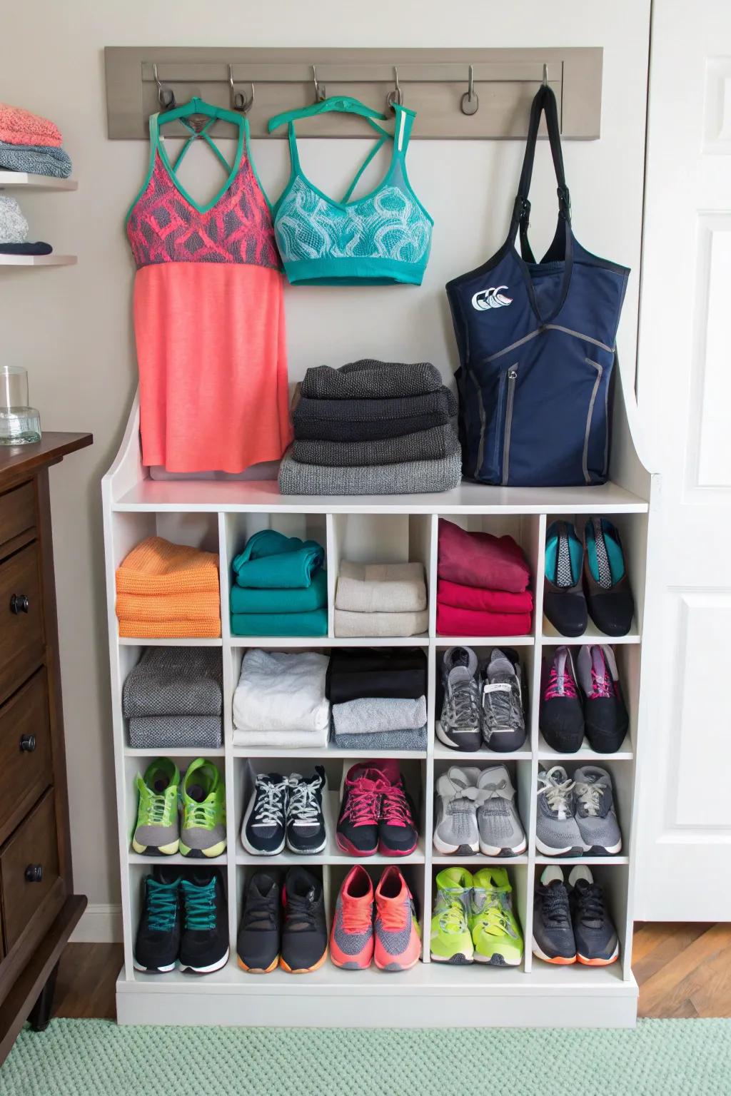 A repurposed shoe organizer used for keeping workout gear.
