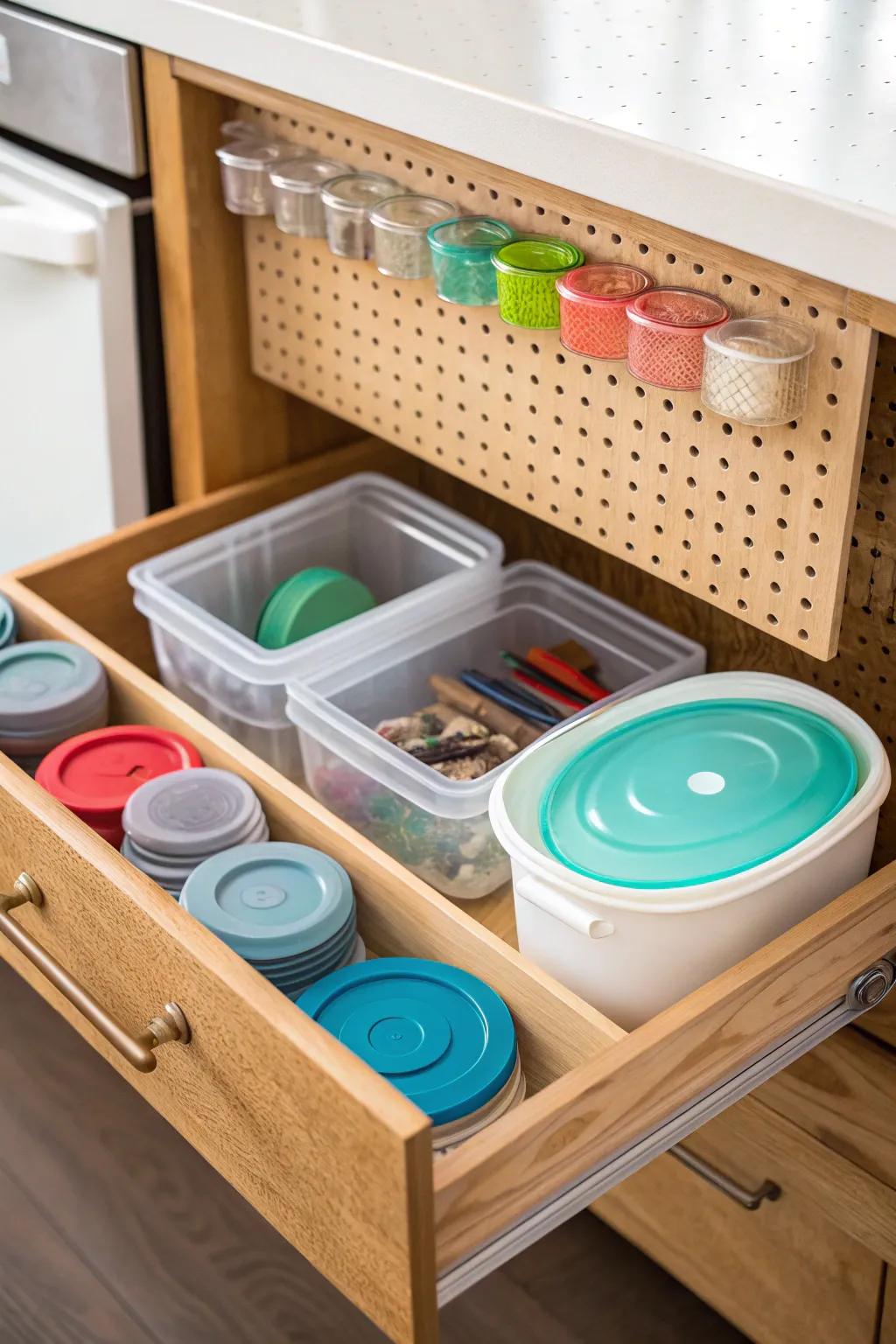 Drawer featuring a pegboard that keeps plastic containers organized.