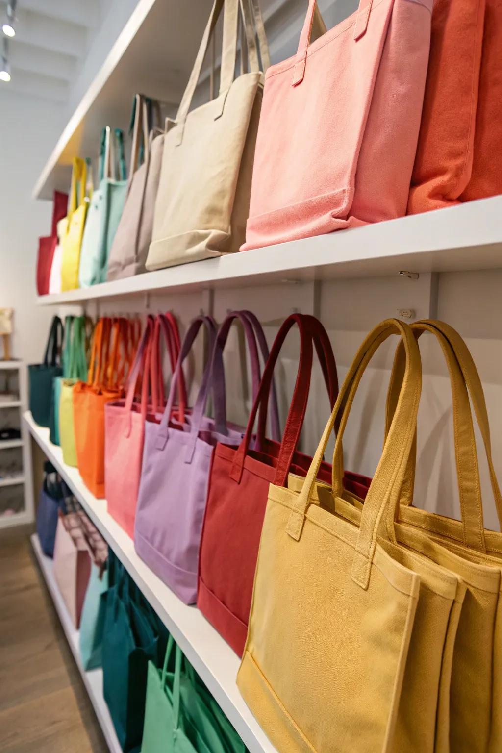 Organizing carryalls by hue gives your storage a sense of harmony.