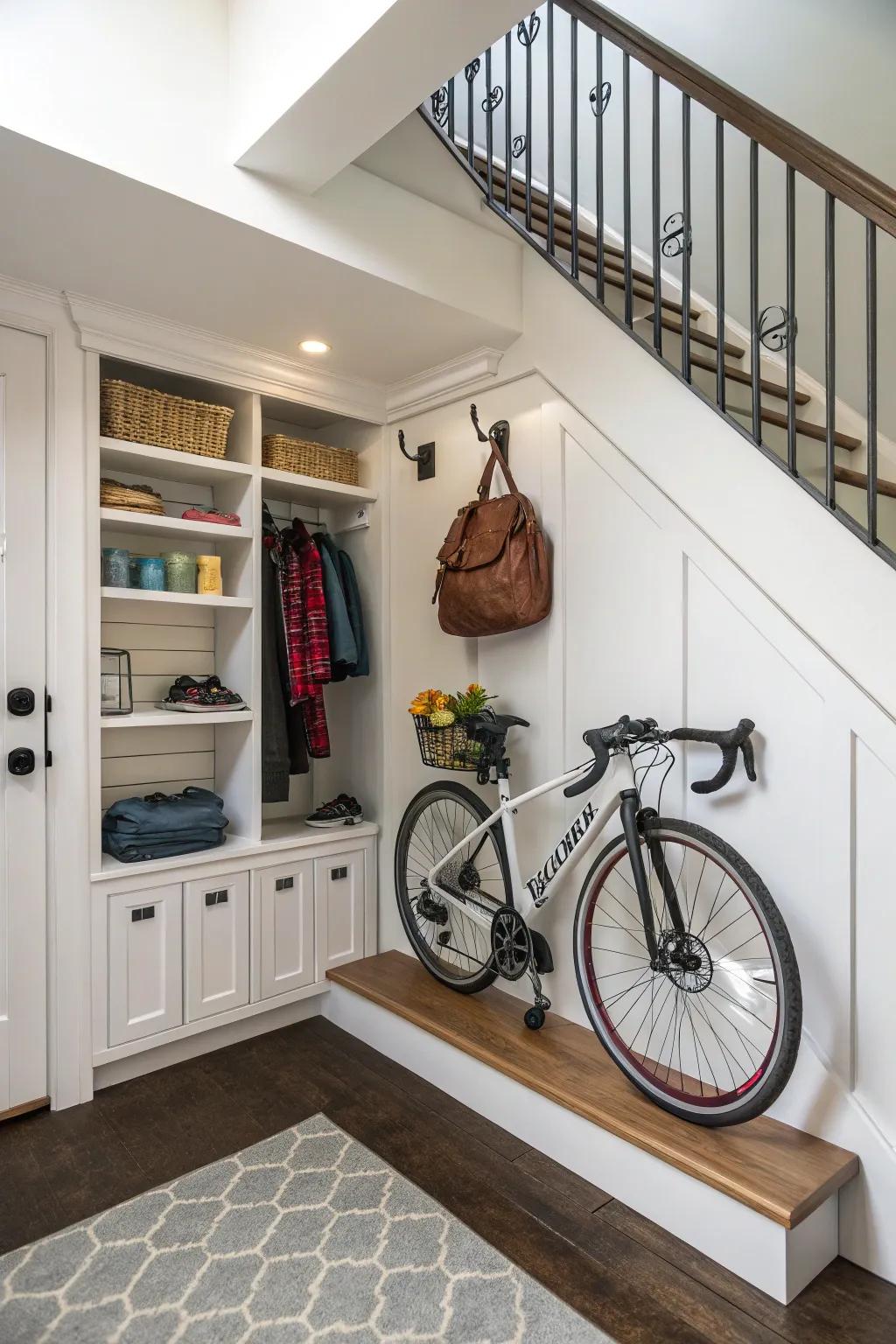 An under-stairs nook cleverly uses space for bicycle storage.
