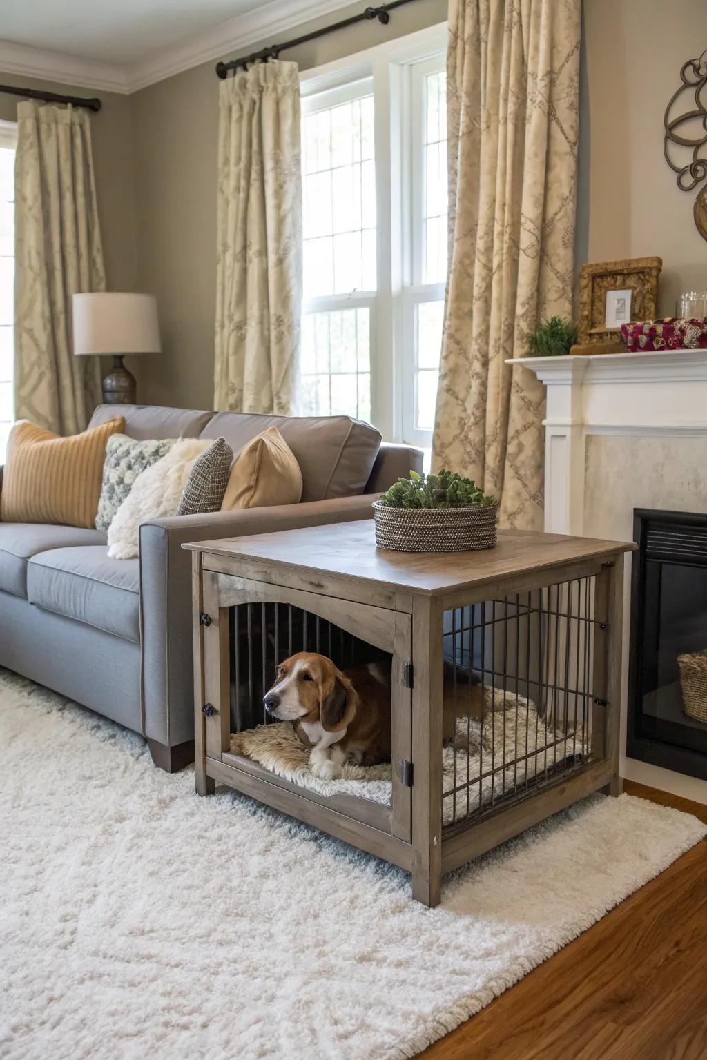 Maximize space with a functional and stylish sofa table kennel.