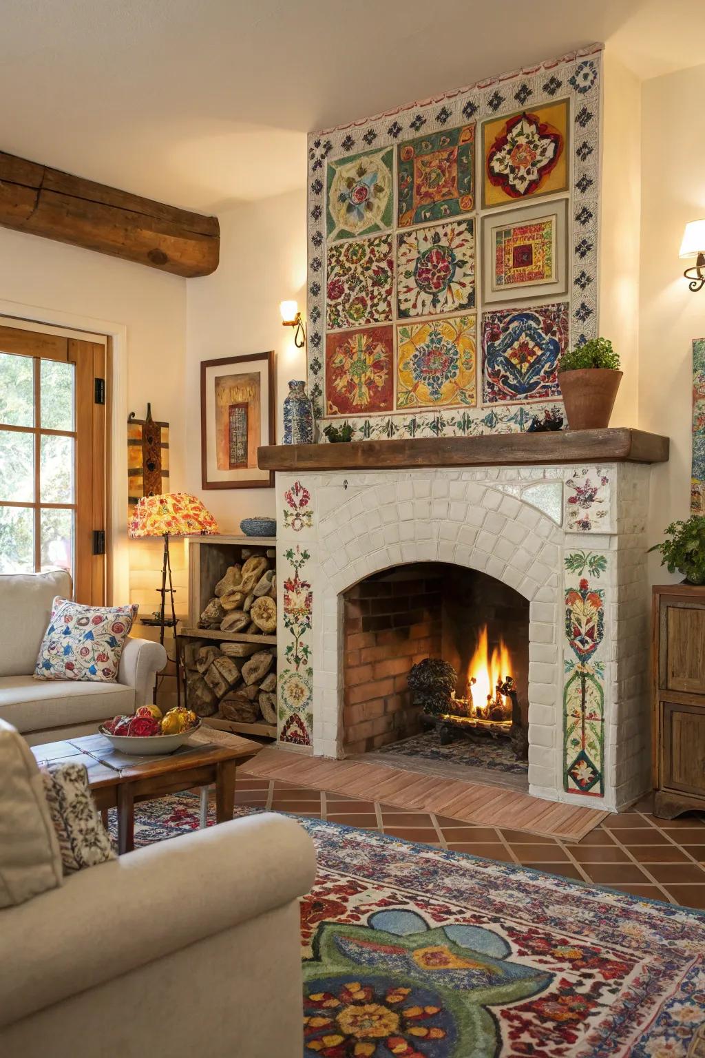 A living space fireplace bordered by vibrant, handcrafted tiles for a diverse impression.