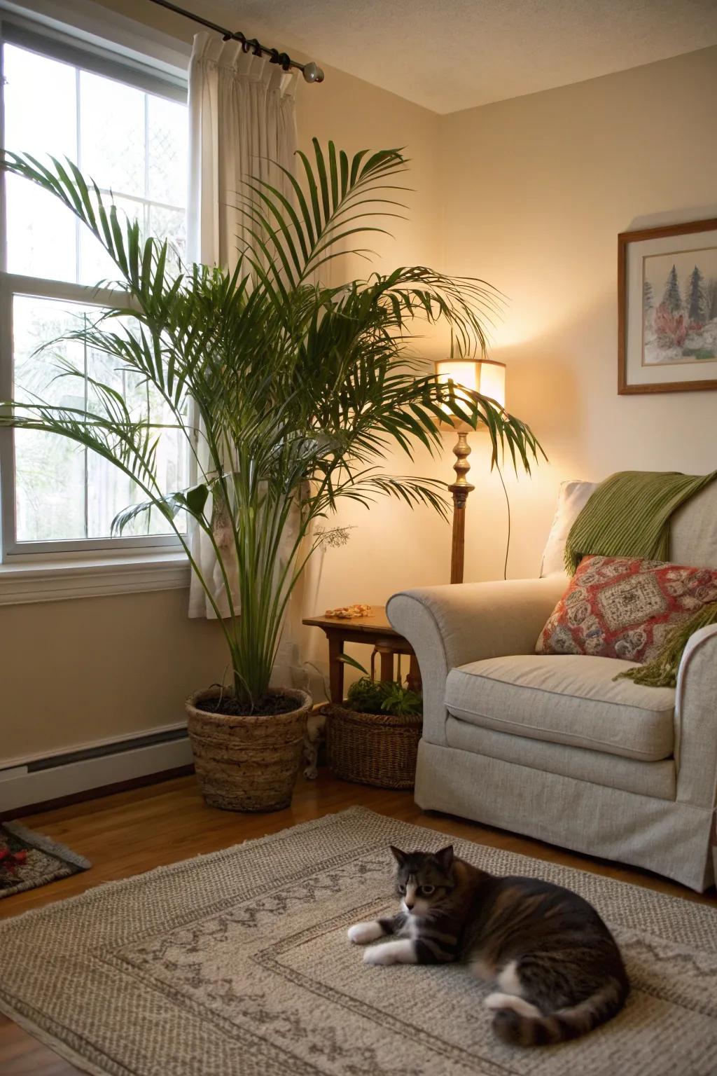 Incorporate tropical charm through animal-safe miniature palms.