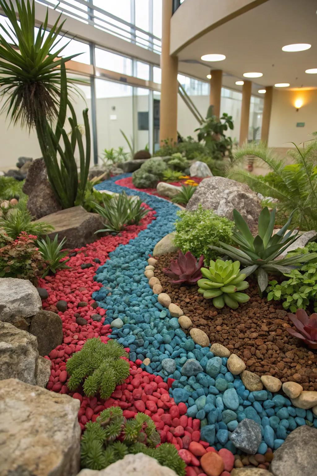 Dyed rocks contribute a touch of personality to any horticultural display.