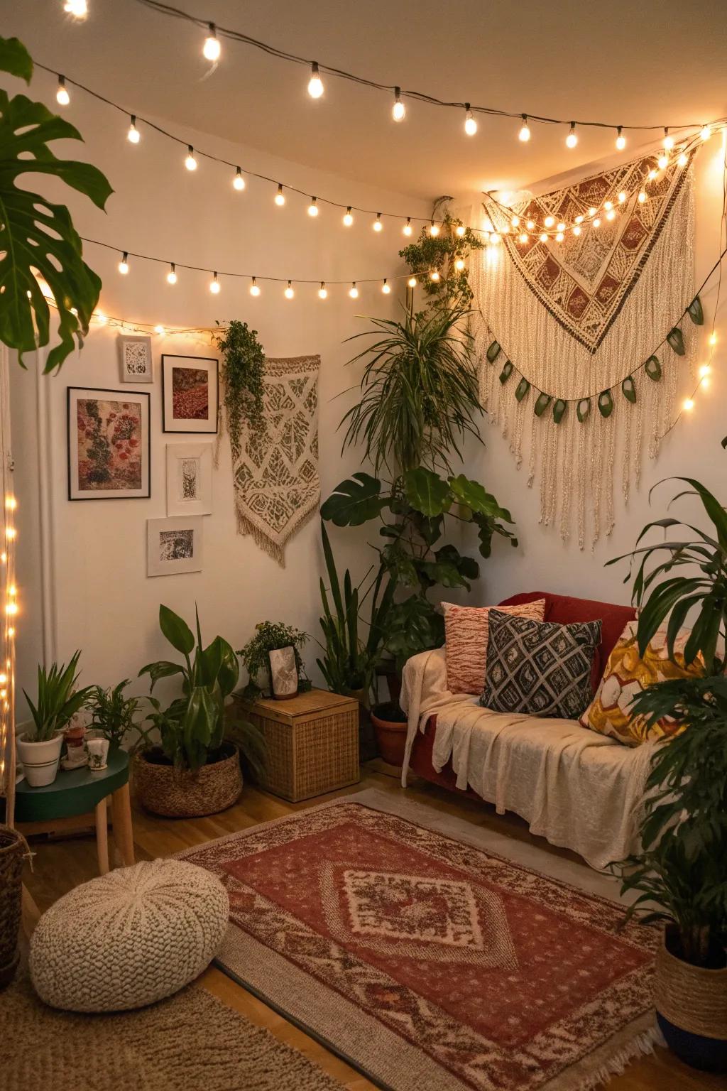 Achieve a bohemian vibe with twinkle lights, plants, and eclectic decor.