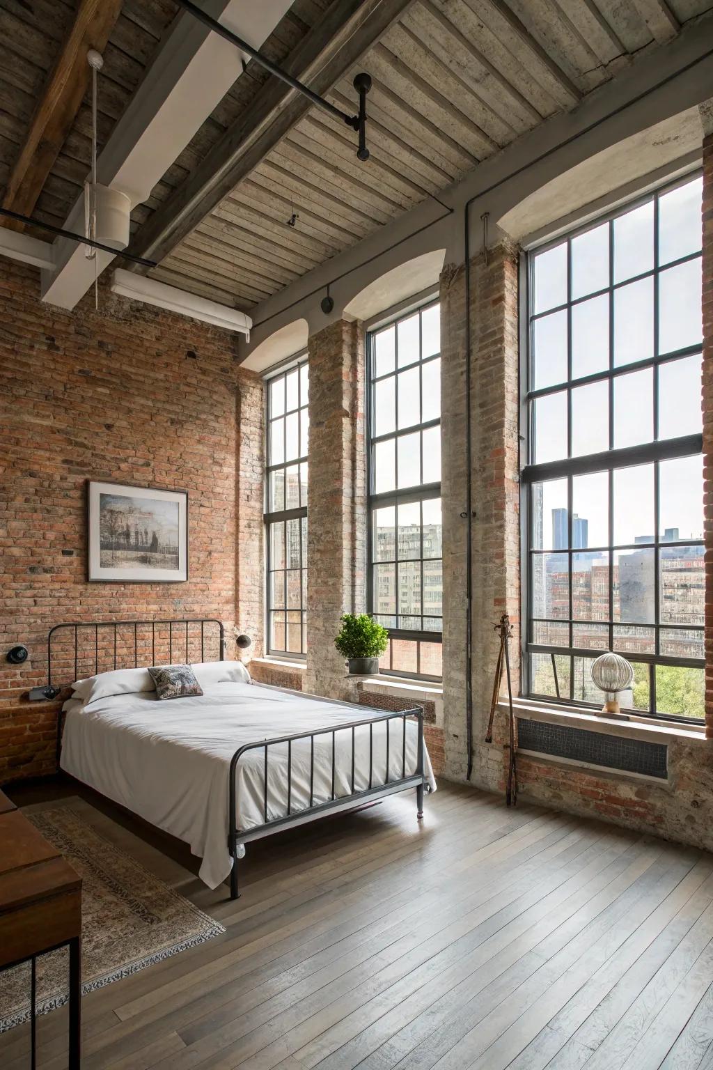 An open design amplifies the perception of space in this industrial bedroom.