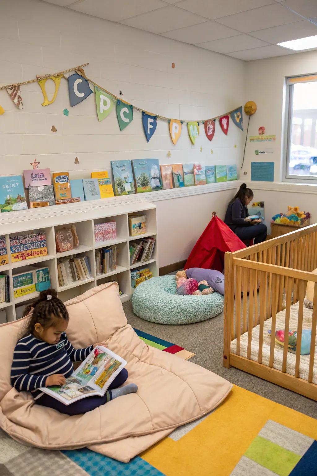 Themed spaces help organize activities for infants.