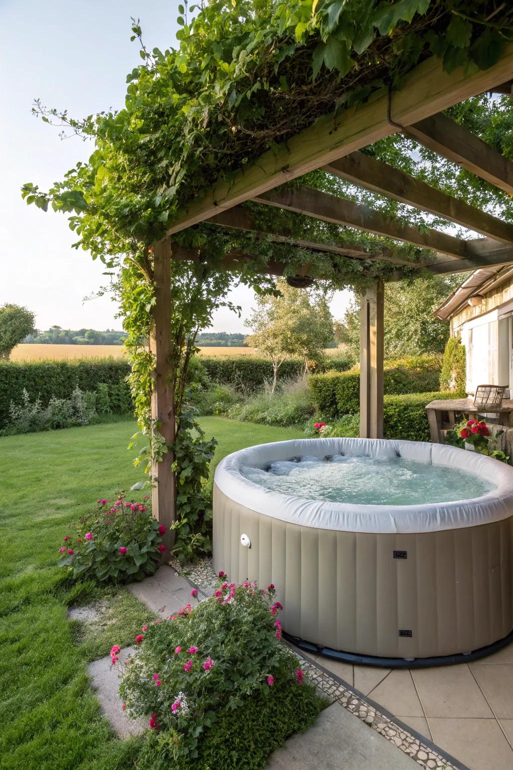 A pergola furnishes shade and refinement to this spa zone.