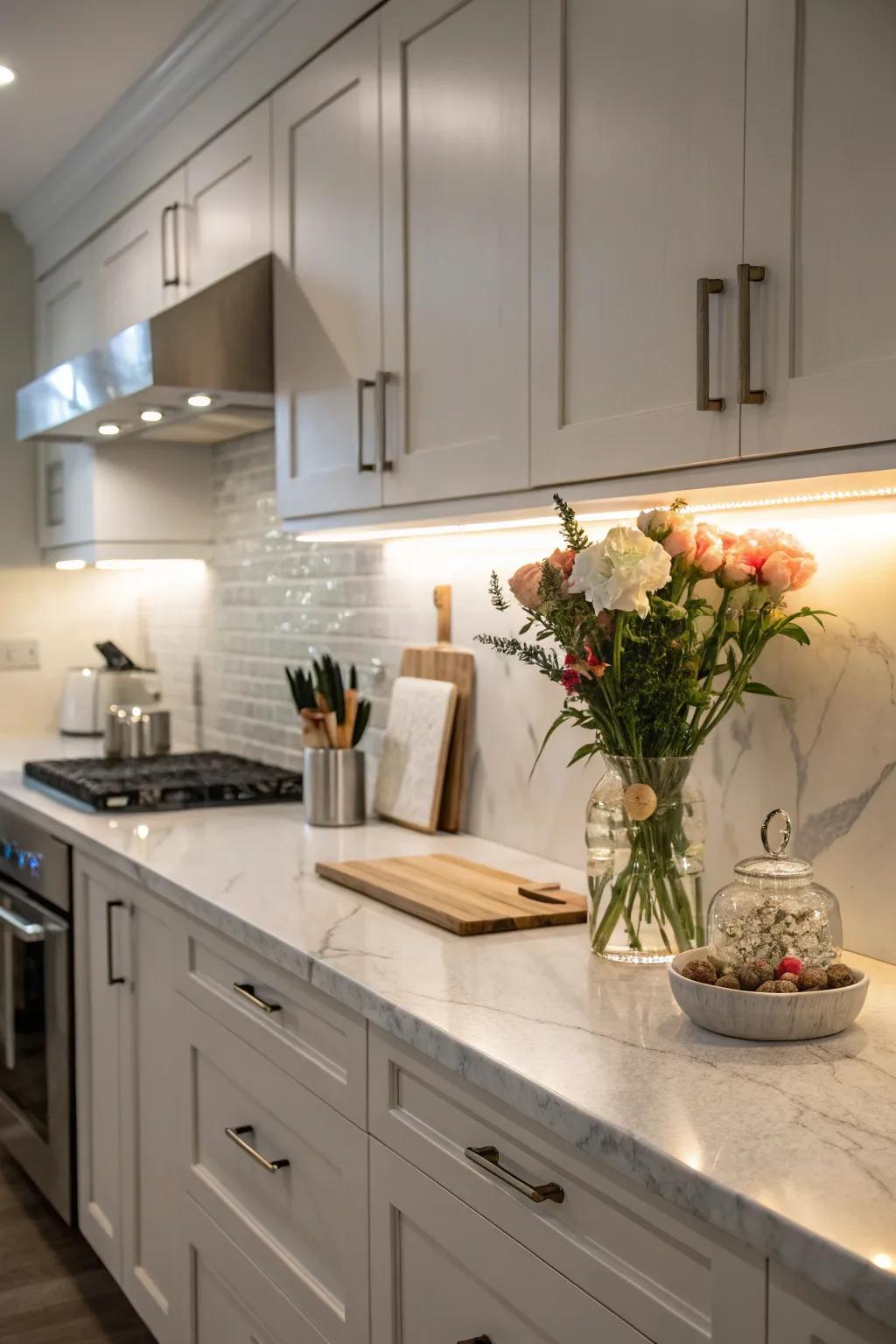 Below-cabinet lighting delivering useful brightness inside a cooking space.