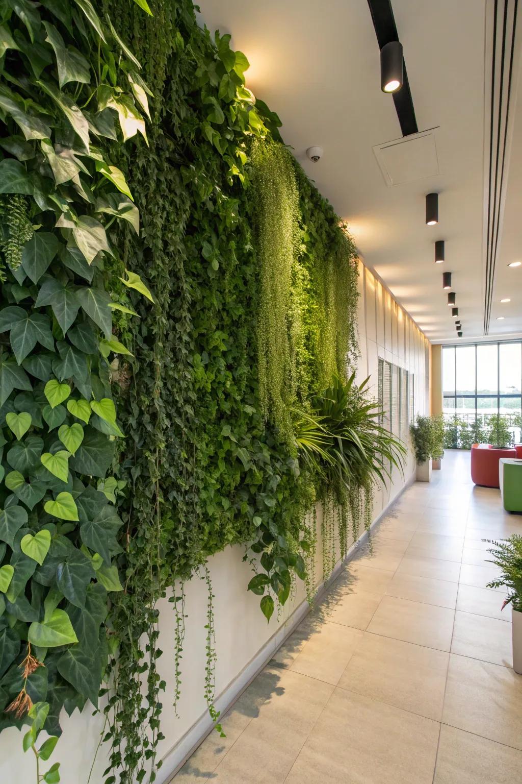 An upright garden feature displaying lavish greenery and trailing flora for a garden-inspired atmosphere.