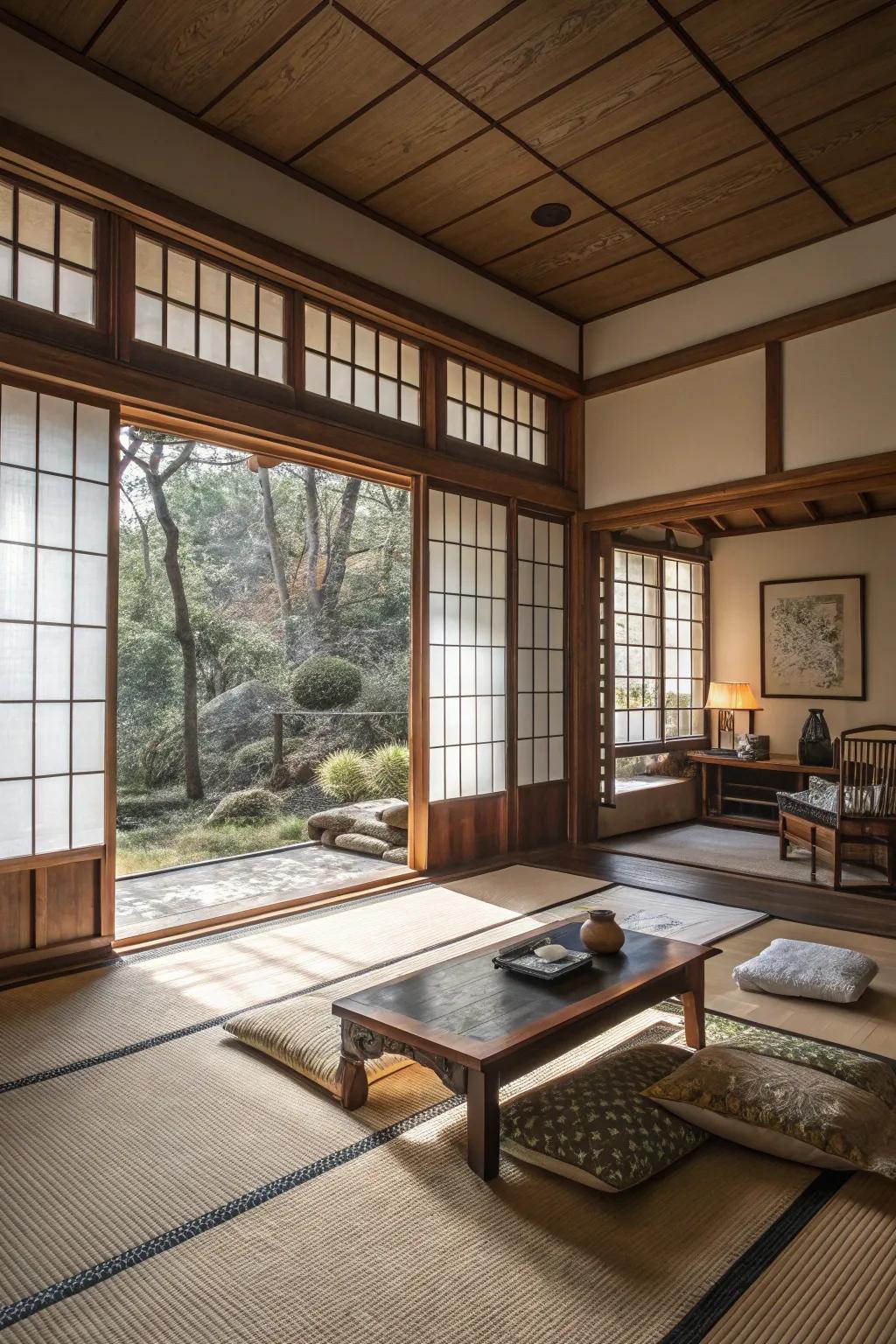 Expansive windows bring abundant sunshine into this Japanese living room.