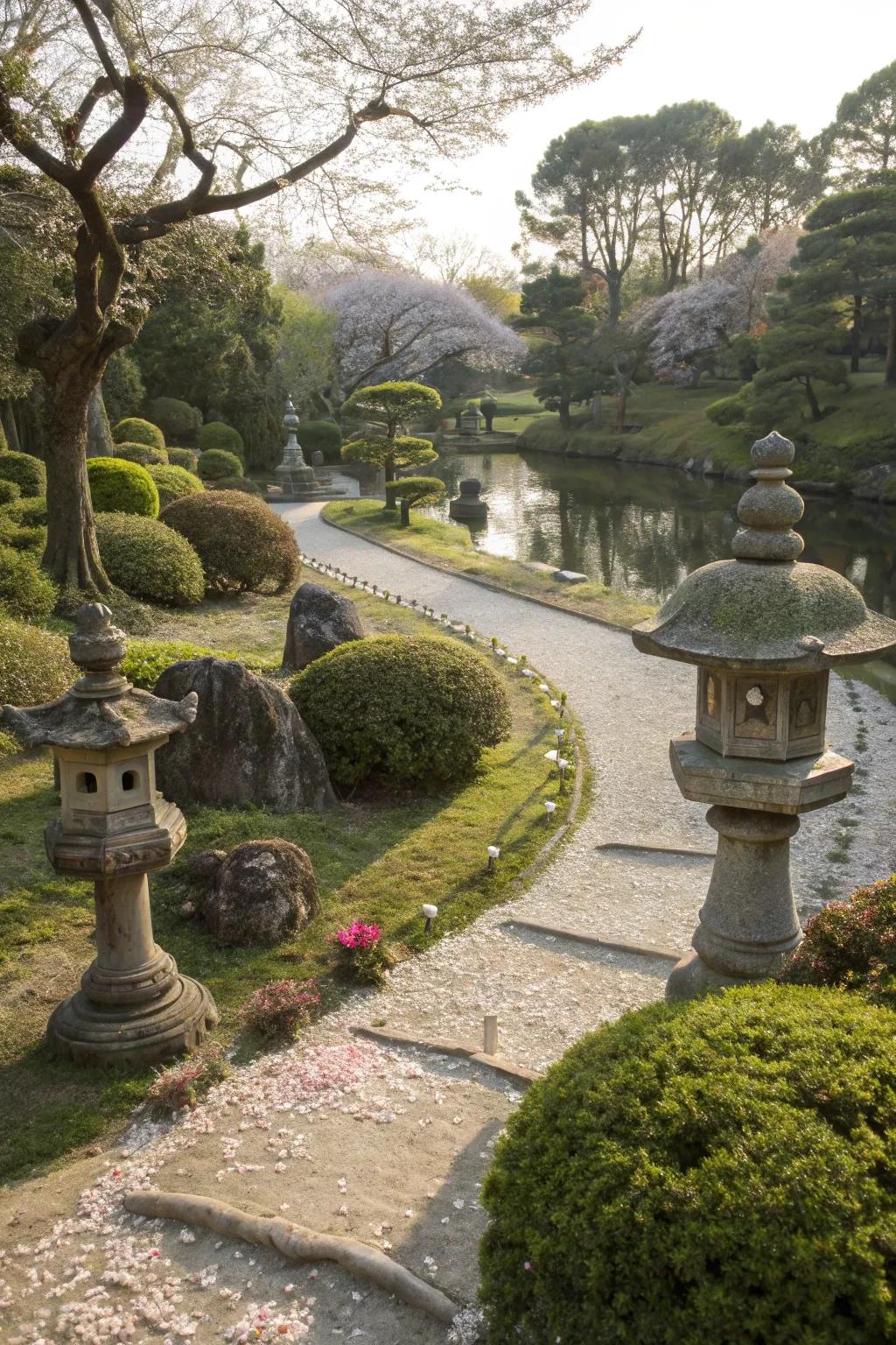 Stone sculptures and decorations featured in a Japanese garden.