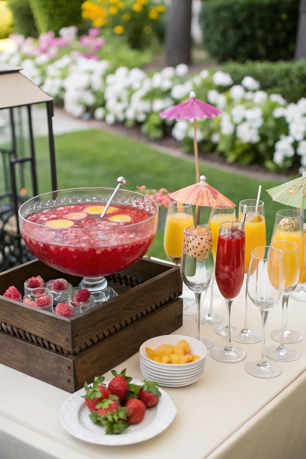 A fashionable drinks station presenting colorful punch and elegant glassware.